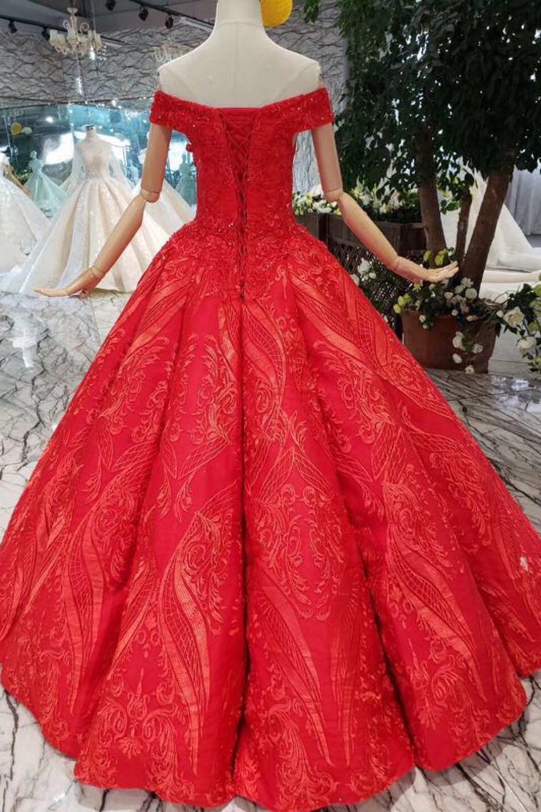 Off-Shoulder Red Ball Gown Appliques Beads Quinceanera Dress GP47