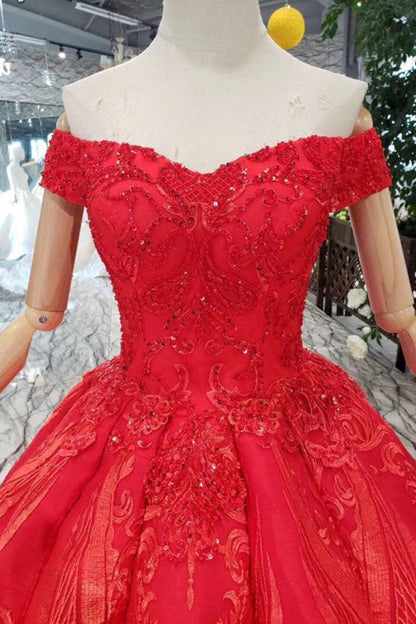 Off-Shoulder Red Ball Gown Appliques Beads Quinceanera Dress GP47