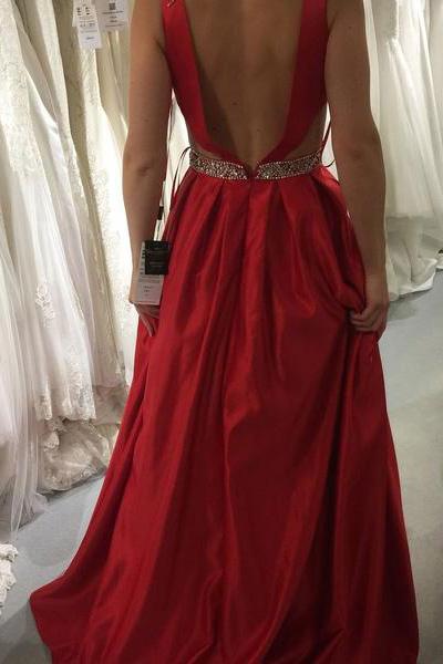 Red Prom Dresses A-line V-Neck Satin With Beading Formal Gown GP18