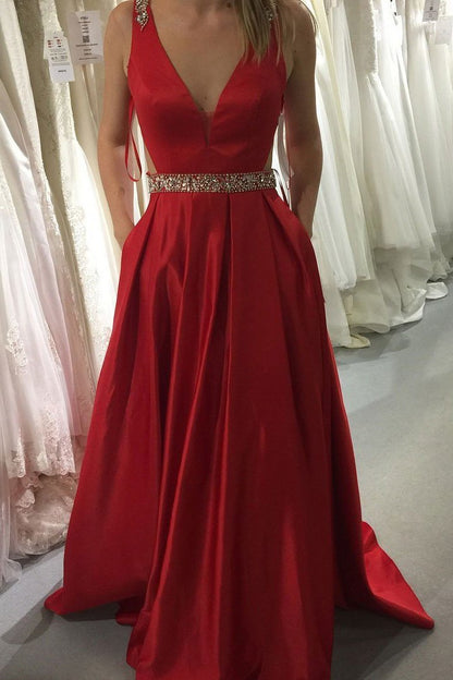 Red Prom Dresses A-line V-Neck Satin With Beading Formal Gown GP18