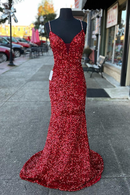 Vestido de fiesta de gala con escote en V, espalda con cordones y lentejuelas rojas de sirena brillante