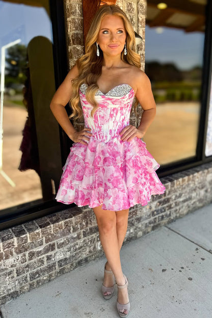 Romantic A-Line Sweetheart Tiered Print Chiffon Homecoming Dress with Beading