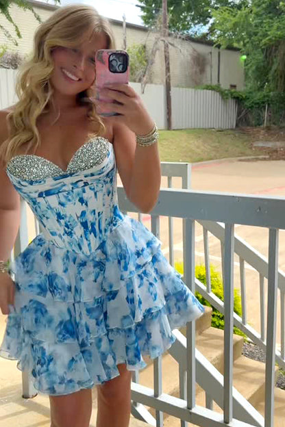 Romantic A-Line Sweetheart Tiered Print Chiffon Homecoming Dress with Beading