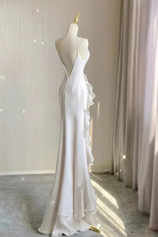 Romantic Chiffon Sheath Wedding Dresses With Ruffles, Long Prom Evening Dress PW551