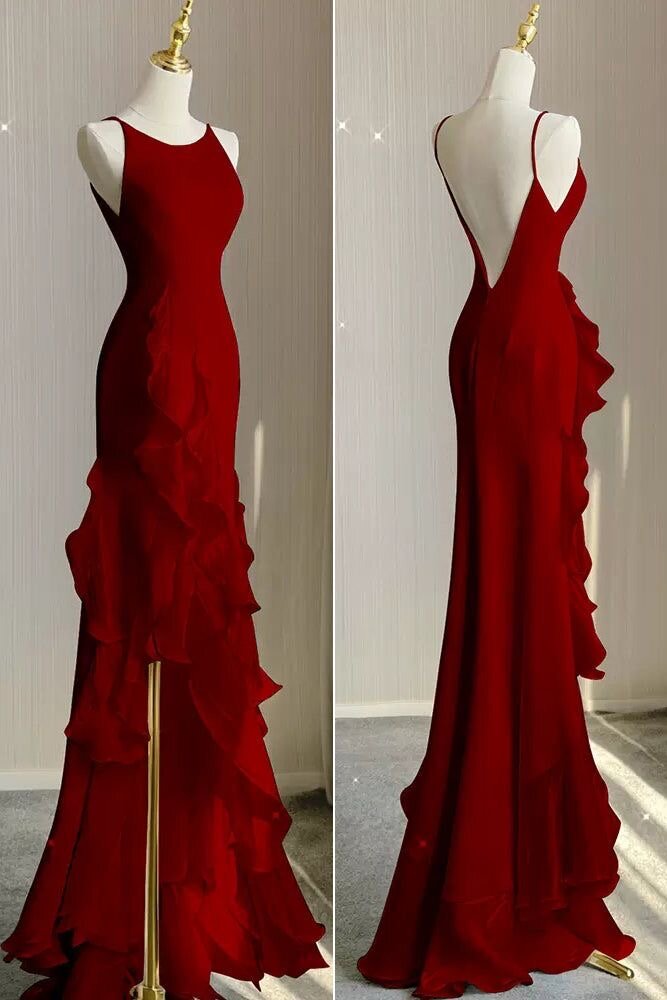 Romantic Chiffon Sheath Wedding Dresses With Ruffles, Long Prom Evening Dress PW551