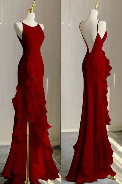 Romantic Chiffon Sheath Wedding Dresses With Ruffles, Long Prom Evening Dress PW551