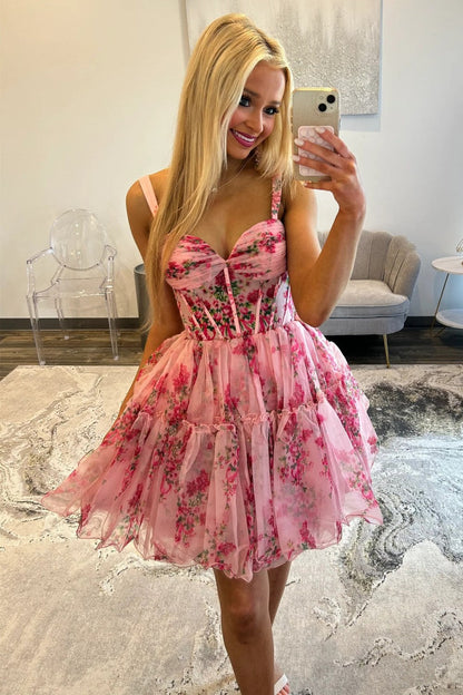 Romantic Pink Floral A-Line Straps Short Print Tulle Homecoming Dress