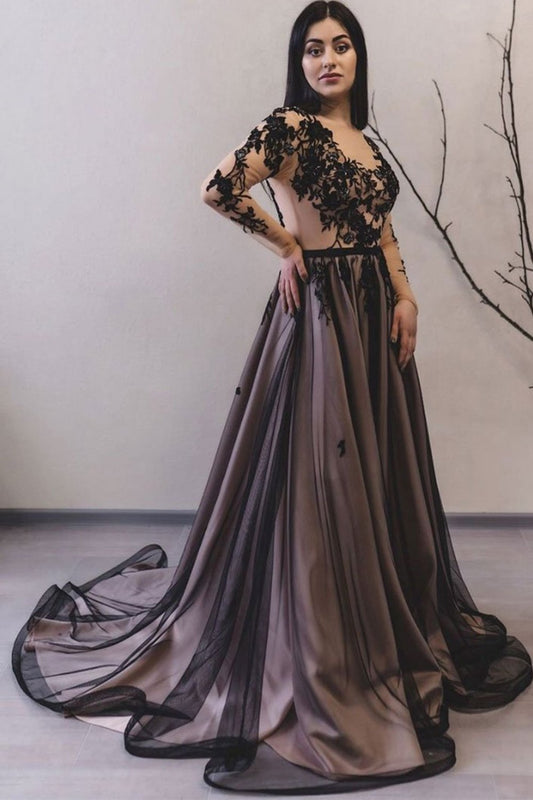 Round Neck Long Sleeves Black Lace Prom Dresses, GP188