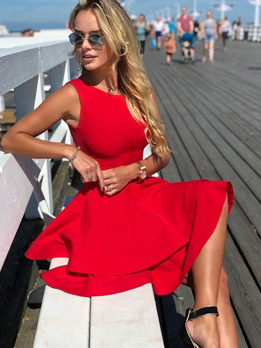 Vestidos de fiesta cortos rojos con cuello redondo, vestidos formales cortos rojos para graduación y regreso a casa