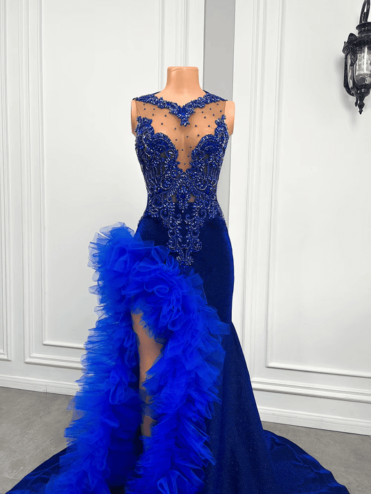 Vestido de fiesta de sirena azul real con volantes y abertura