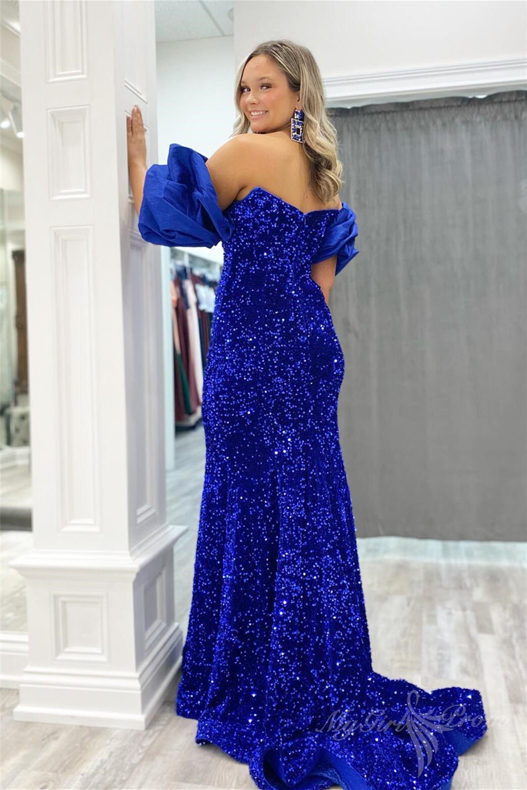 Pink Off-the-Shoulder Puff Sleeves Sequins Long Prom Dress, Mermaid Evening Gown GP463