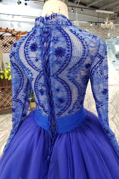 Royal Blue Long Sleeves Quinceanera Gown Tulle Lace Applique Beads Prom Dress GP50