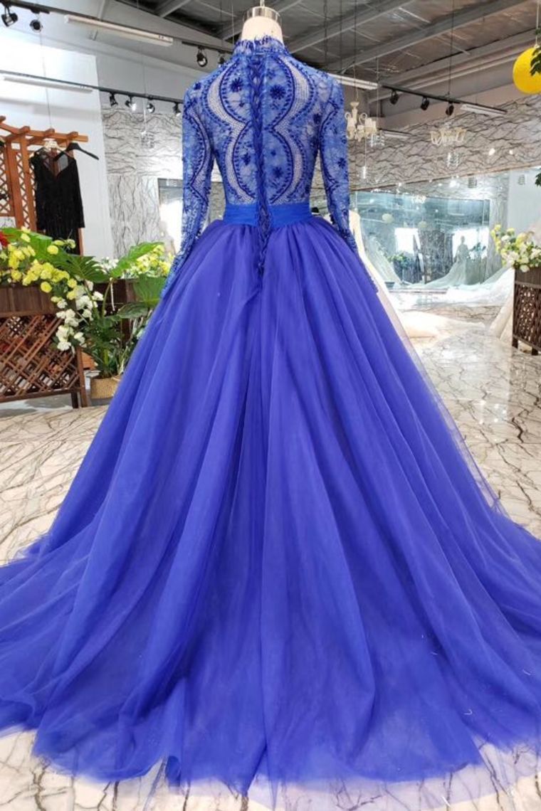 Royal Blue Long Sleeves Quinceanera Gown Tulle Lace Applique Beads Prom Dress GP50