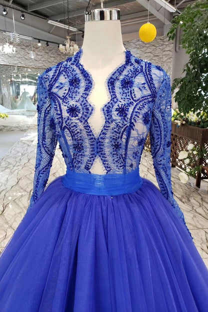 Royal Blue Long Sleeves Quinceanera Gown Tulle Lace Applique Beads Prom Dress GP50