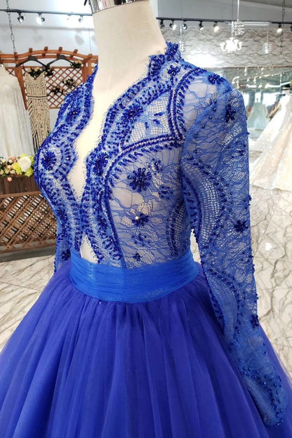 Royal Blue Long Sleeves Quinceanera Gown Tulle Lace Applique Beads Prom Dress GP50