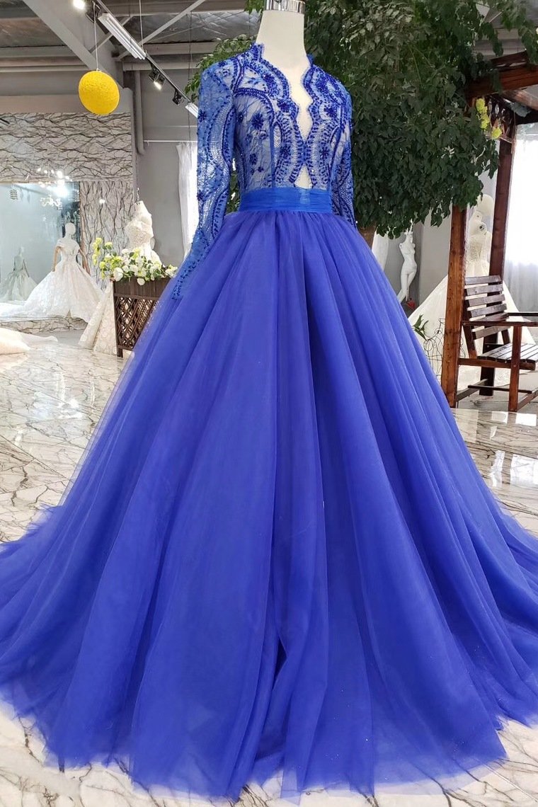 Royal Blue Long Sleeves Quinceanera Gown Tulle Lace Applique Beads Prom Dress GP50