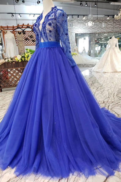 Royal Blue Long Sleeves Quinceanera Gown Tulle Lace Applique Beads Prom Dress GP50