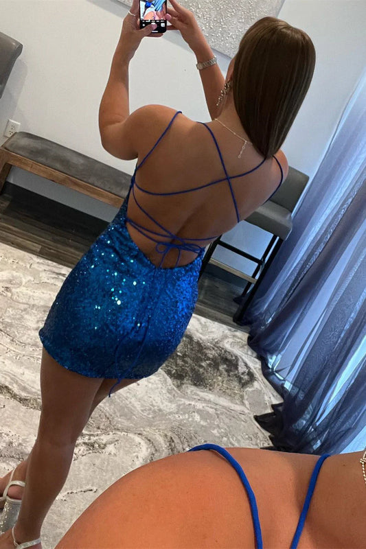 Royal Blue Sequin Bodycon Mini Homecoming Dress, AST1160