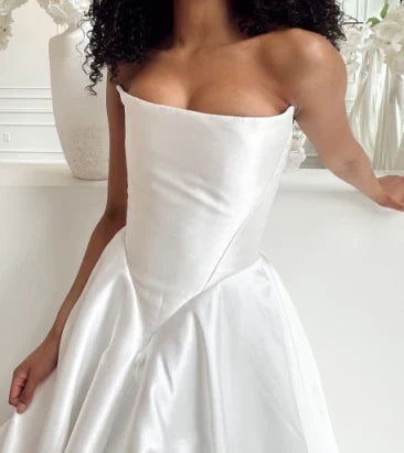 shopuniqlos-White satin off-the-shoulder long floor-length wedding dress prom dress gh5394