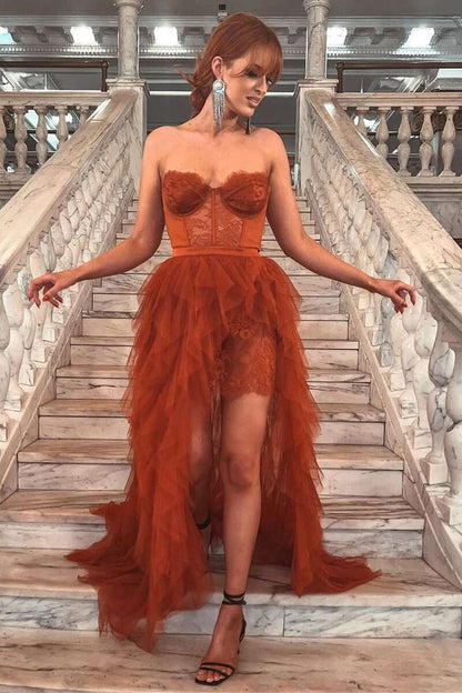 Sweetheart Tiered Tulle Long Prom Dress with Lace, Long Slit Evening Gown GP256