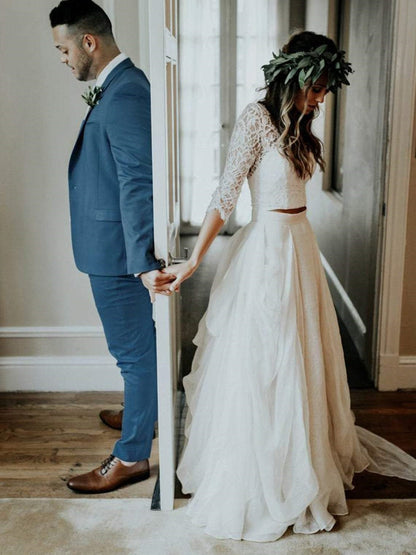 Vestido de novia informal de dos piezas con top de encaje rústico bohemio y mangas 3/4