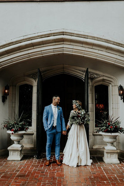Vestido de novia informal de dos piezas con top de encaje rústico bohemio y mangas 3/4
