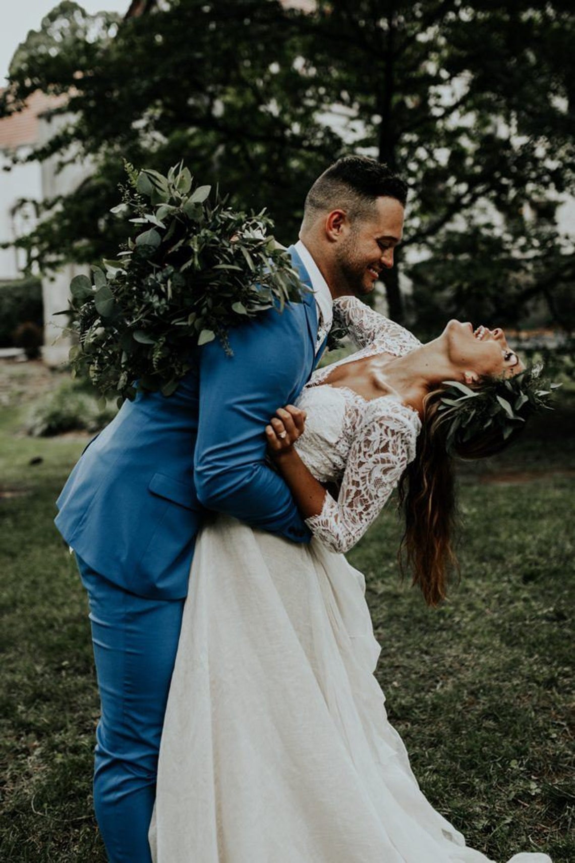 Vestido de novia informal de dos piezas con top de encaje rústico bohemio y mangas 3/4