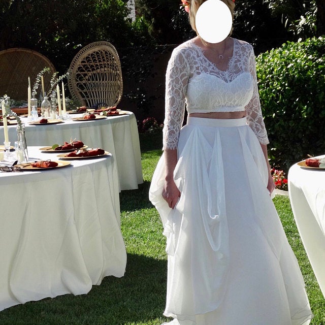 Vestido de novia informal de dos piezas con top de encaje rústico bohemio y mangas 3/4