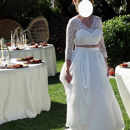 Vestido de novia informal de dos piezas con top de encaje rústico bohemio y mangas 3/4