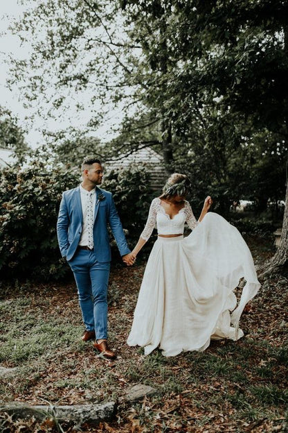 Vestido de novia informal de dos piezas con top de encaje rústico bohemio y mangas 3/4