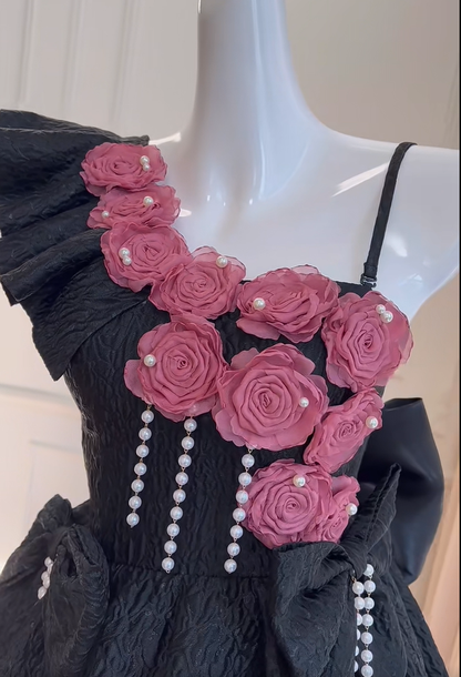Uniques Rose Flowers Black Off The Shoulder Homecoming Dress A Line Birthday Dress  S485