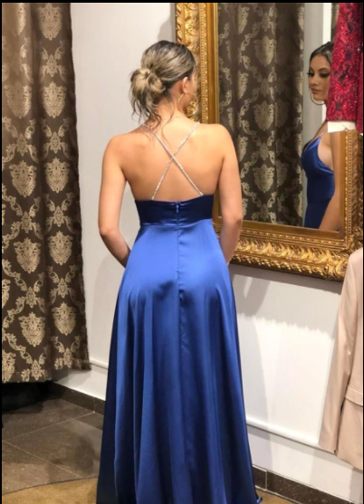 Vestidos de fiesta azules con tirantes finos, vestidos de fiesta sencillos, vestido de noche dividido con cola
