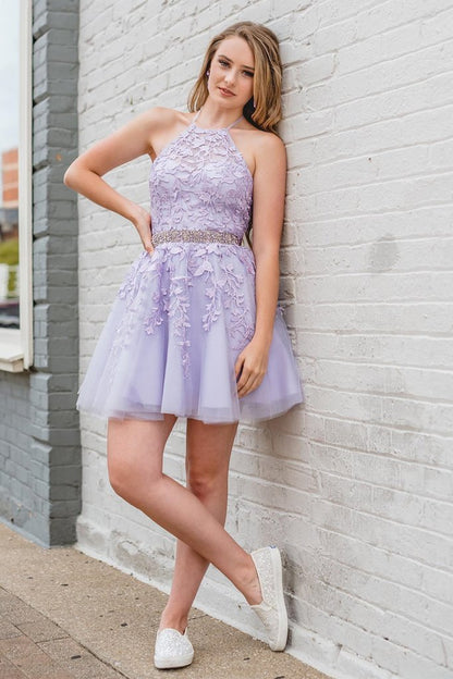 Vestidos de fiesta de encaje lila con cinturón de cuentas y corte A amarillo corto