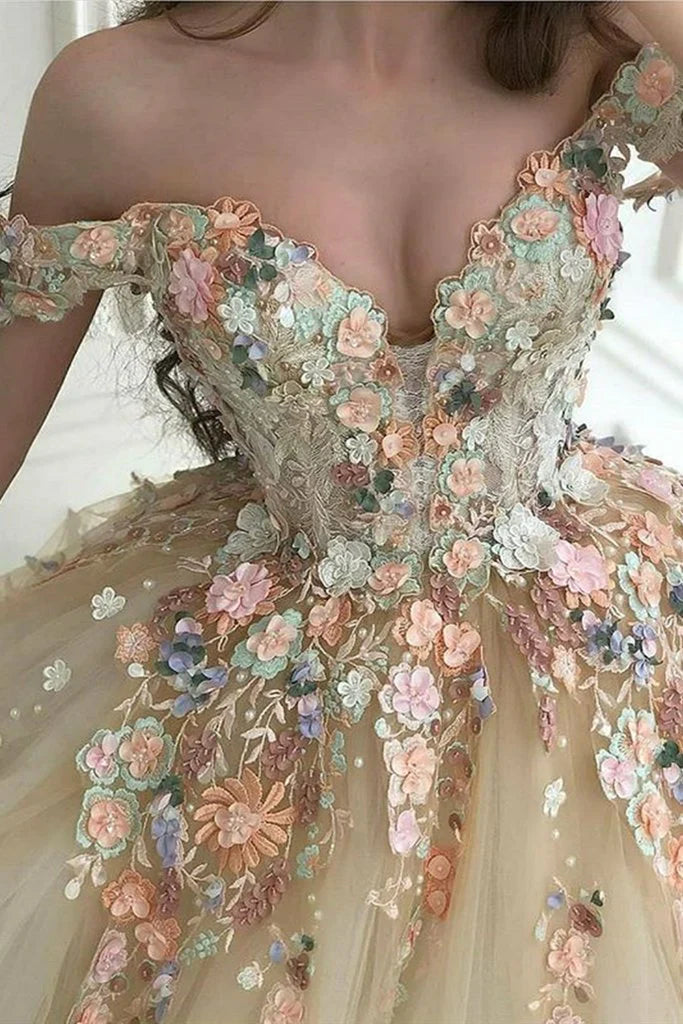 Champagne color gorgeous off shoulder exquisite lace floral applique long elegant ball gown formal evening dress prom dress gh3452