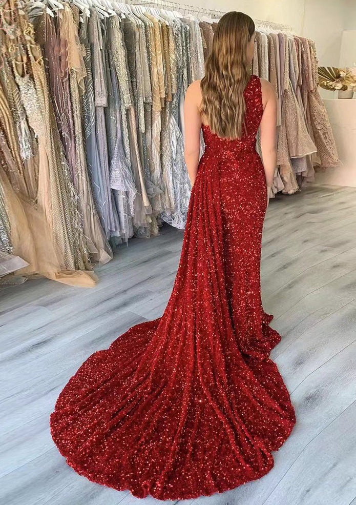 Vestidos de fiesta de sirena rojos brillantes, vestido de noche sexy con lentejuelas y cola, vestido de gala largo