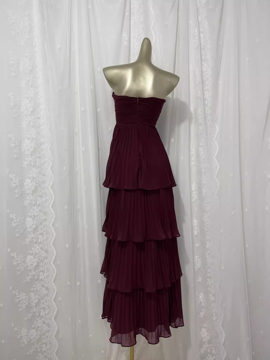 Vintage A line Sweetheart Burgundy Chiffon Vacation Dress Long Birthday Dresses SD0010