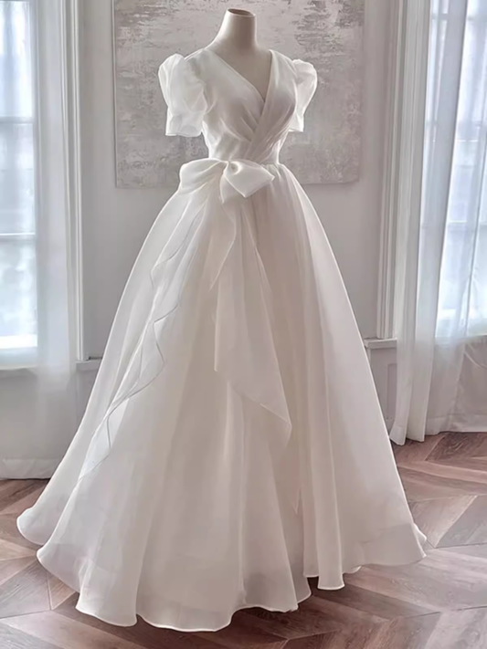 Vintage Ball Gown V Neckline Chiffon White Long Wedding Dresses Brides Dress SD0089