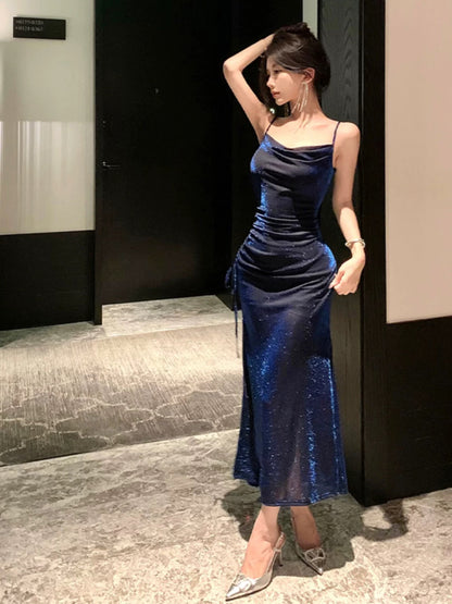Sexy Sheath Spaghetti Straps Navy Blue Sequin Birthday Dresses Prom Dress SD1153
