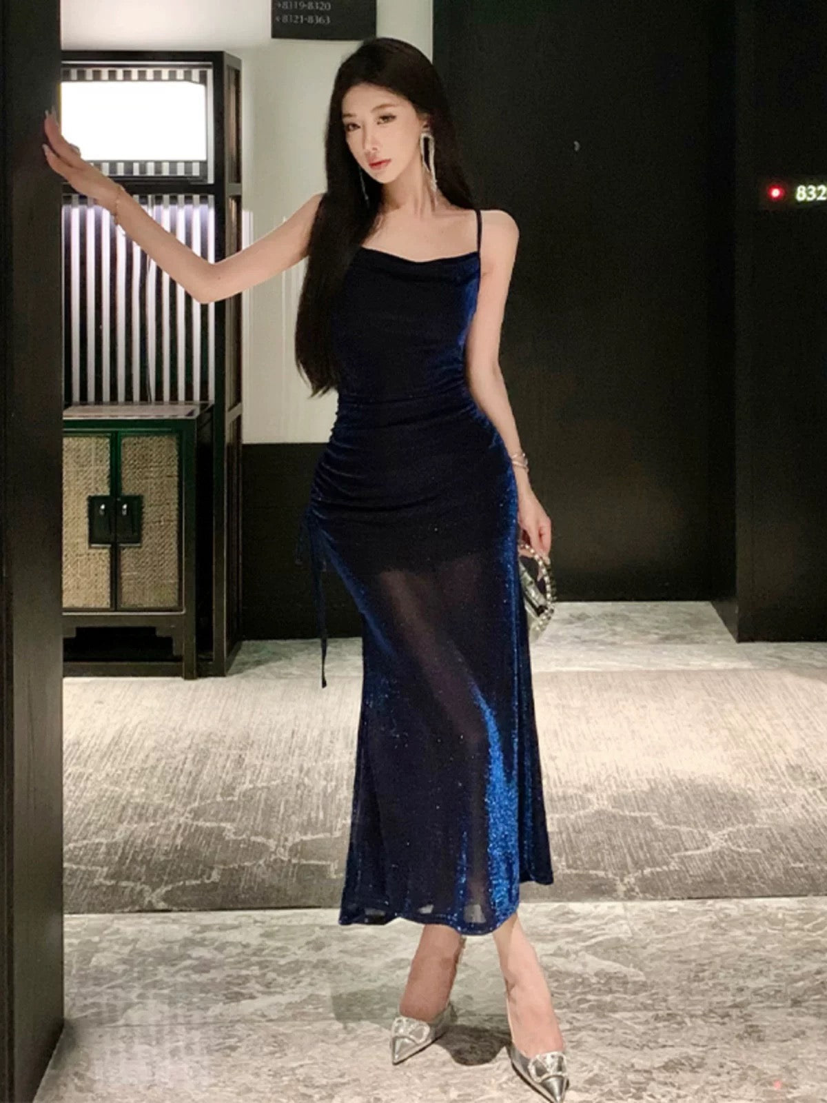 Sexy Sheath Spaghetti Straps Navy Blue Sequin Birthday Dresses Prom Dress SD1153