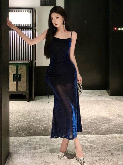 Sexy Sheath Spaghetti Straps Navy Blue Sequin Birthday Dresses Prom Dress SD1153
