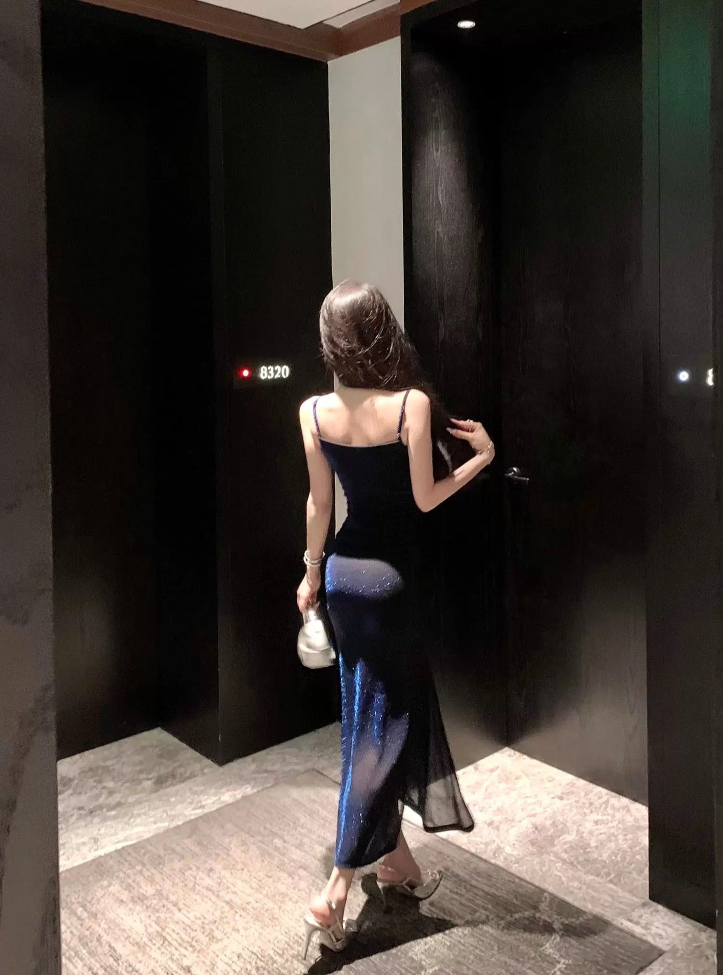 Sexy Sheath Spaghetti Straps Navy Blue Sequin Birthday Dresses Prom Dress SD1153