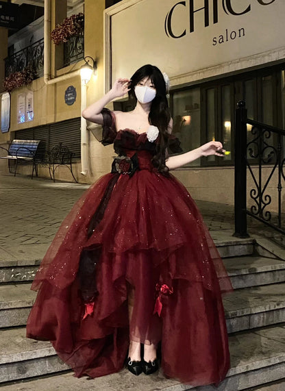 Sexy Ball Gown Strapless Burgundy Tulle Birthday Dresses Night Party Dress SD1159