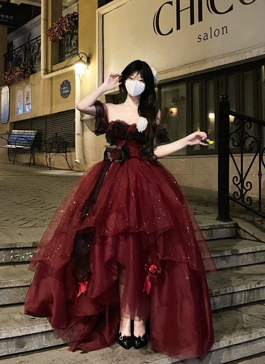 Sexy Ball Gown Strapless Burgundy Tulle Birthday Dresses Night Party Dress SD1159