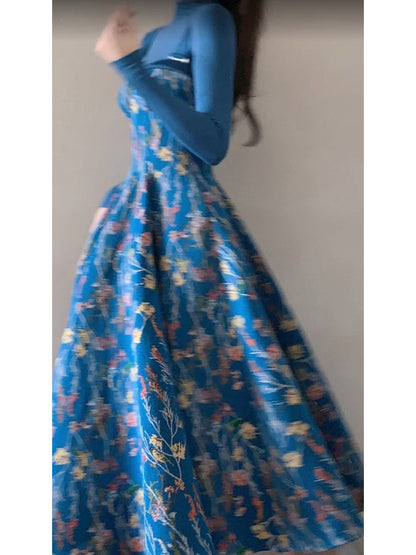 Vintage A line Spaghetti Straps Royal Blue Floral Long Birthday Dresses Prom Dress Birthday Outfits SD1187