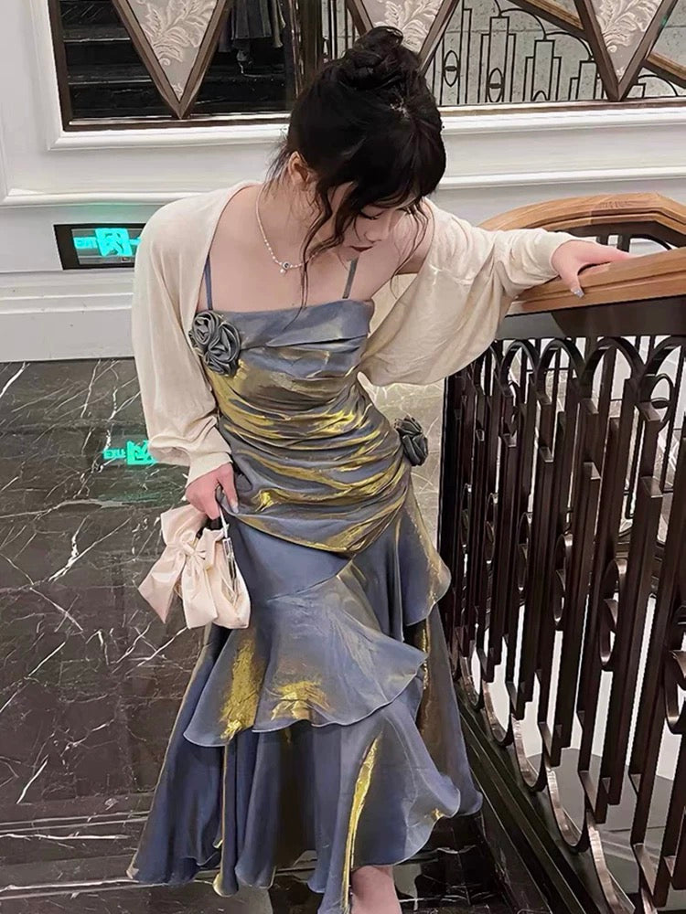 Retro Mermaid Spaghetti Straps Satin Long Party Dress Green Prom Dresses SD2408