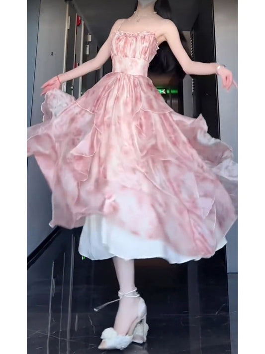 Vintage A line Spaghetti Straps Pink Floral Holiday Dress Birthday Dresses Birthday Outfits SD1309