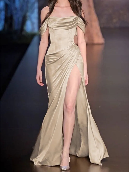 Simple A-Line Off The Shoulder Blue Satin Long Prom Dresses Formal Evening Dress SD1391