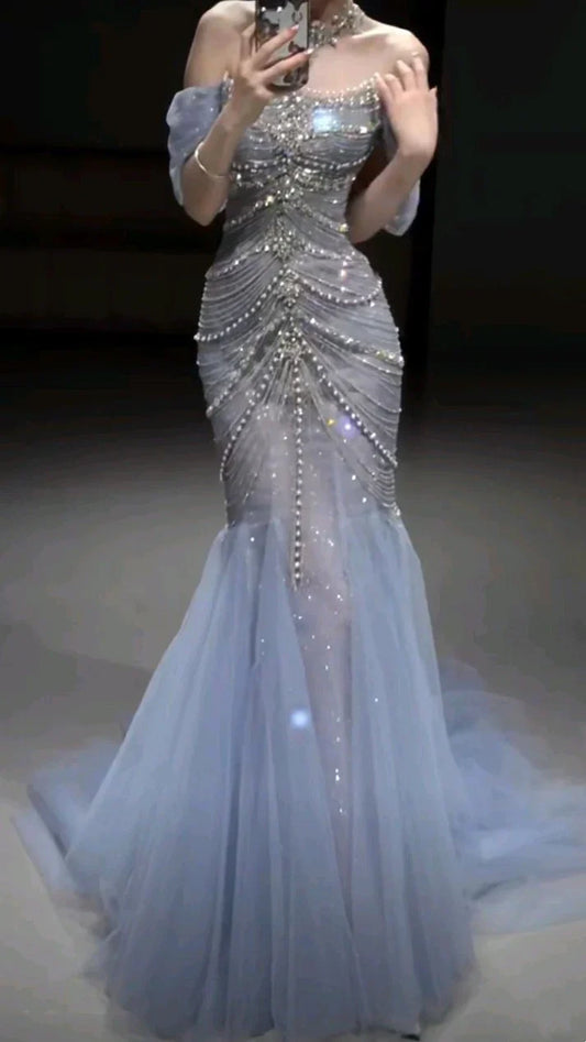 Blue gorgeous shiny beautiful off-shoulder exquisite beading long tulle mermaid slim fishtail skirt ball gown formal evening gown wedding dress gh3559
