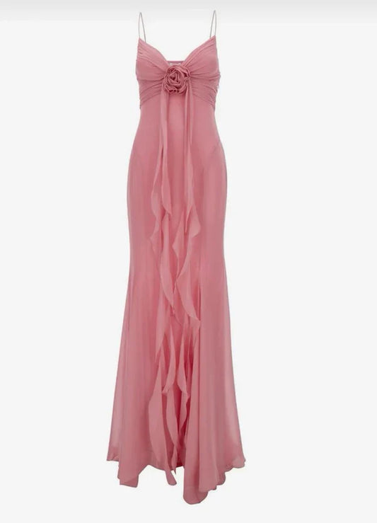 shopuniqlos-- Chic Pink Romantic Elegant Long Chiffon Wedding Guest Dress Party Dress Birthday Dress gh5566