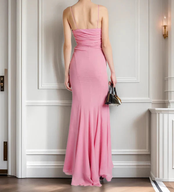 shopuniqlos-- Chic Pink Romantic Elegant Long Chiffon Wedding Guest Dress Party Dress Birthday Dress gh5566